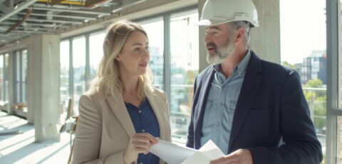 Architect and engineer discuss blueprints at a construction site.