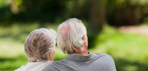 Couple sitting on the bench  with their back to the camera