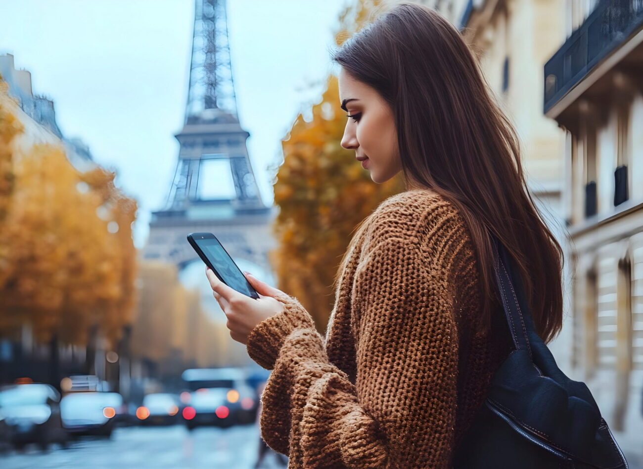 Woman Smartphone Eiffel Tower Autumn Vibes Paris Street Fashion Cozy Sweater Scenic Background Woman Smartphone Eiffel Tower Autumn Vibes Paris Street Fashion Cozy Sweater Scenic Background